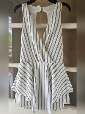 Size M See You Monday Black & White Striped Wrap Romper